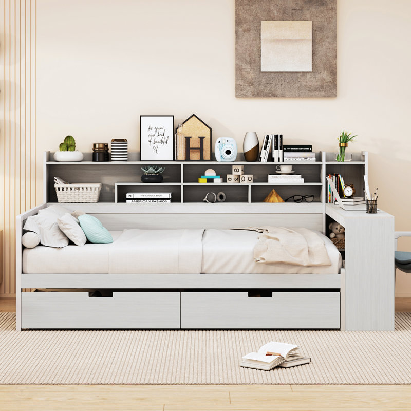 Wooden Full Size Daybed With Storage Shelves
